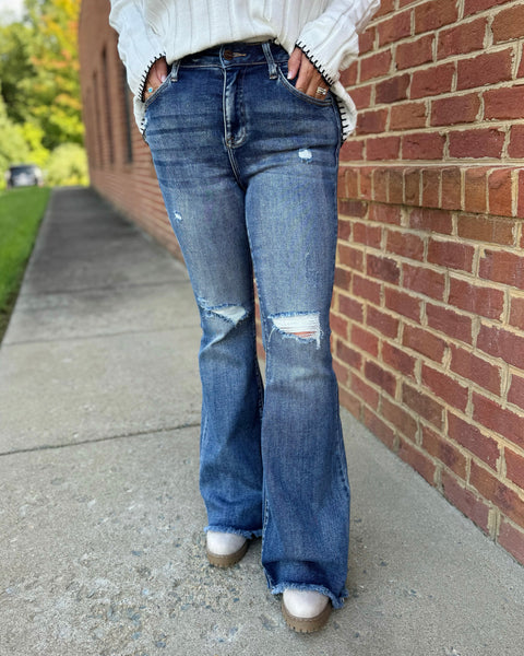 Risen REG/CURVY High Rise Distressed Flare Jeans