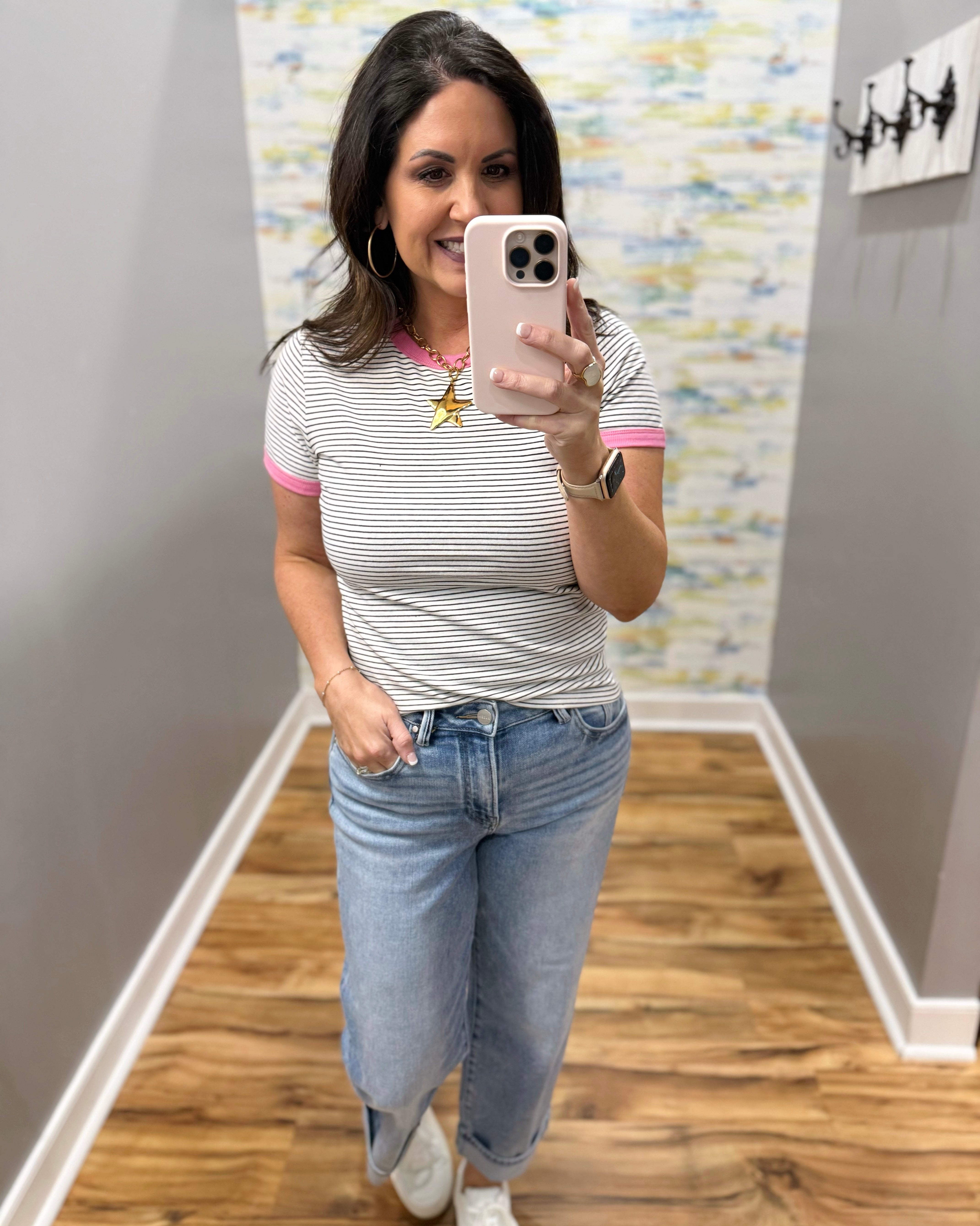 woman wearing stripe black and white tee