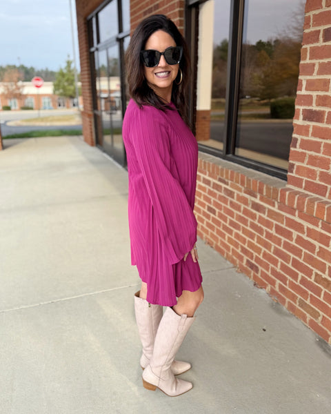 Natalie Pleated Dress in Berry FINAL SALE