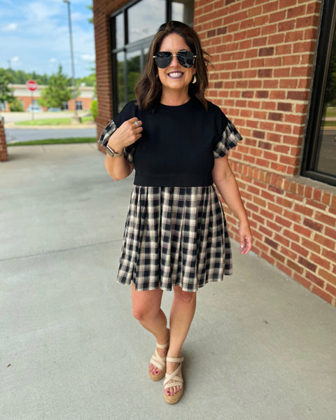 Kenna Plaid Twofer Dress in Black