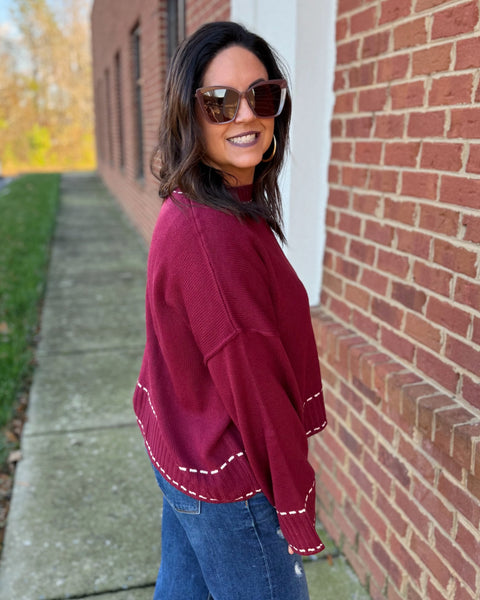Nancy Stitch Detail Sweater in Wine