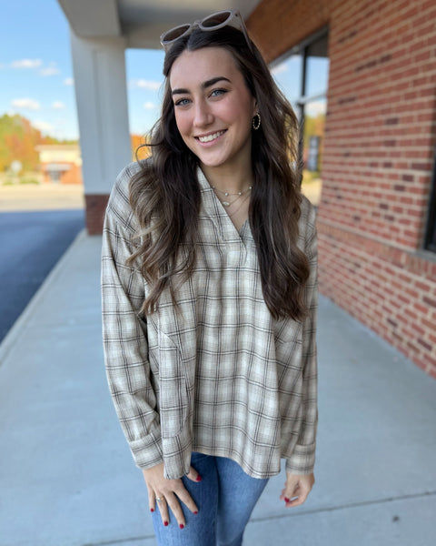 Tori Oversized Plaid Shirt in Mocha/Taupe