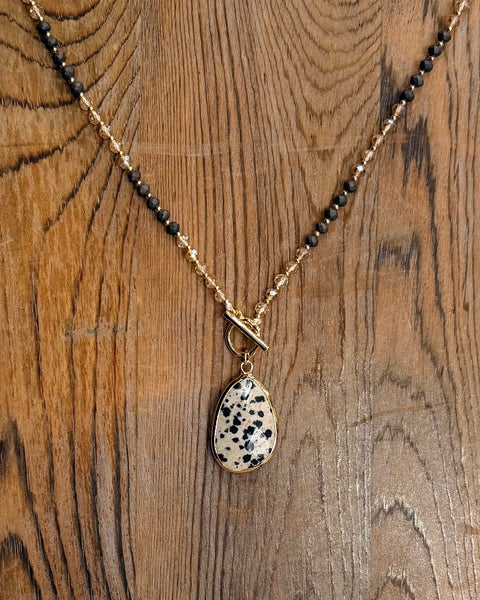 Beaded Necklace with Black Teardrop Pendant