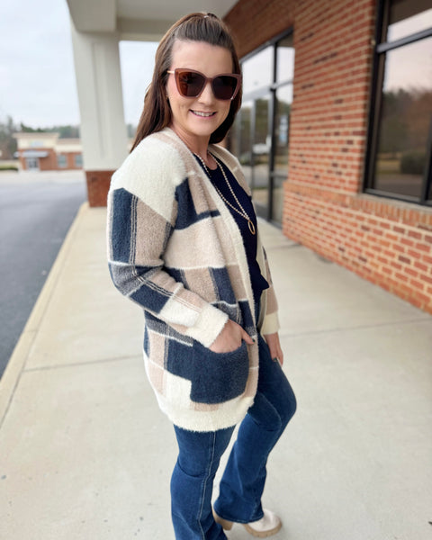 Marissa Checker Soft Cardigan in Navy/Taupe