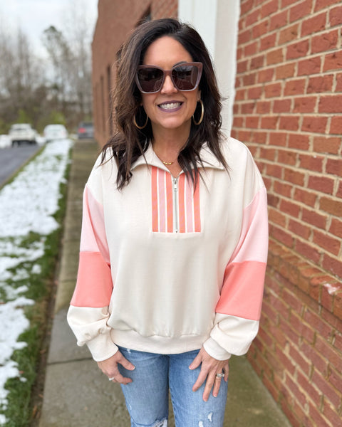 Caroline Colorblock Sweatshirt in Ecru/Coral