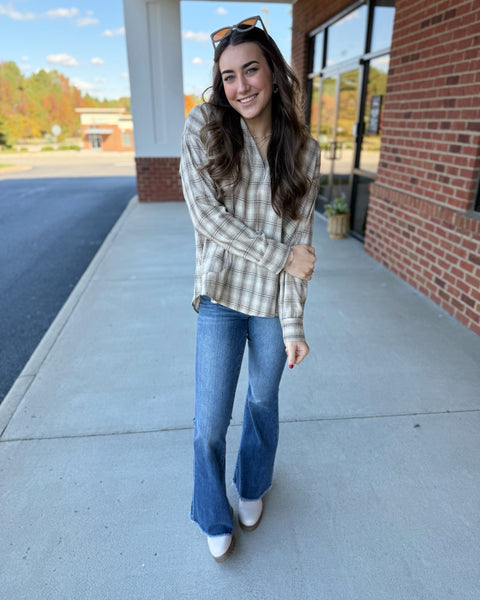 Tori Oversized Plaid Shirt in Mocha/Taupe