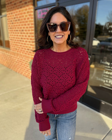 Sloane Crochet Sweater in Wine