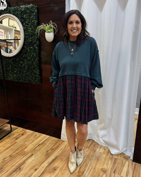 Nina Twofer Plaid Skirt Dress in Forest Green