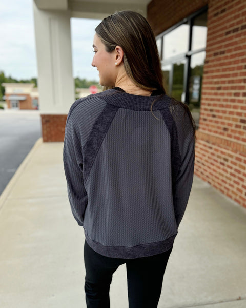 Olivia REG/CURVY Waffle Knit Top in Charcoal