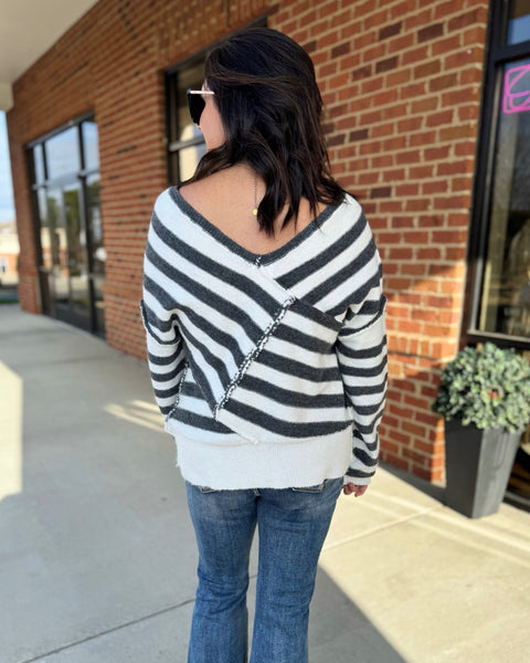 Laura Cross Stripe Sweater in Black/Ivory