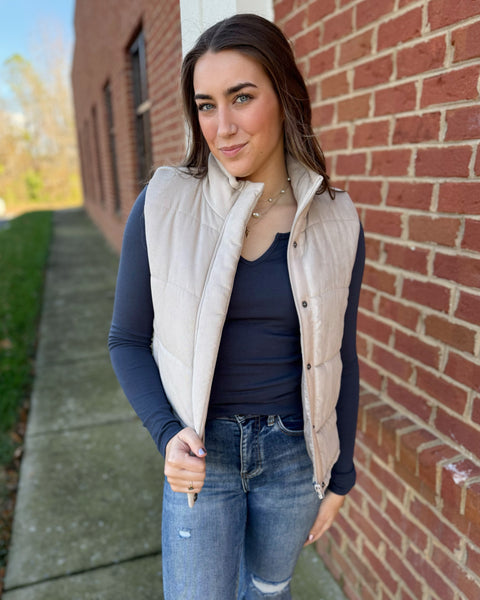 Drew Suede Puffer Vest in Beige