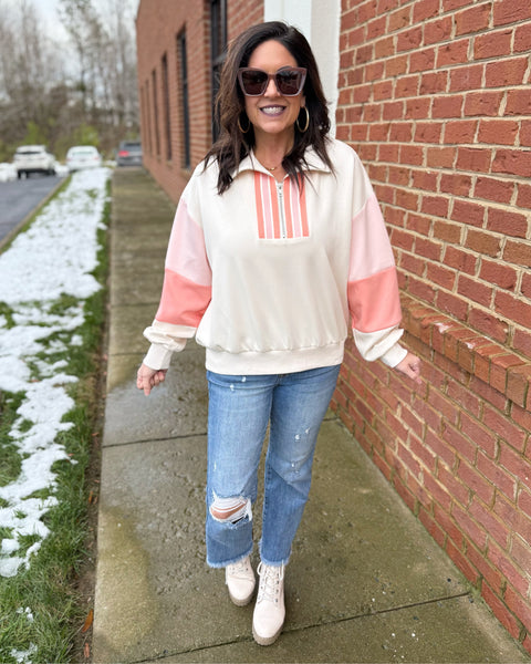 Caroline Colorblock Sweatshirt in Ecru/Coral