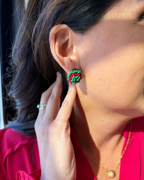 Green + Red Pom Stud Earrings