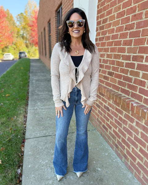 Sara Ruffle Cardigan in Taupe