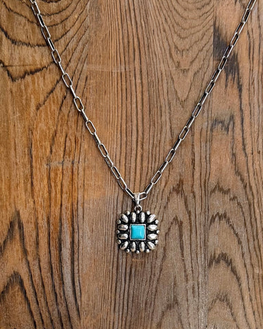 Square Concho Pendant Necklace in Worn Silver