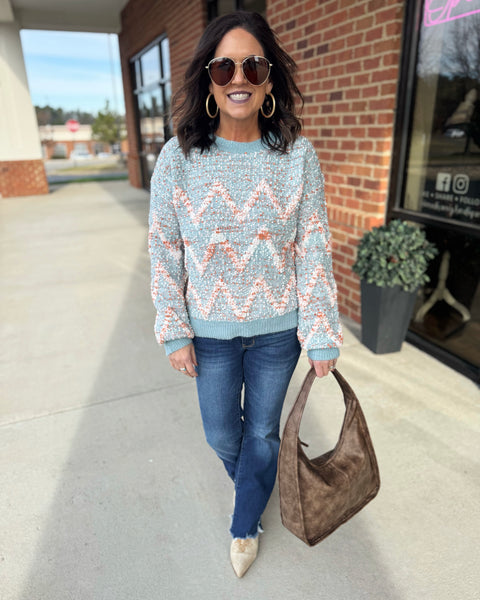 Kelly Chevron Textured Sweater in Seafoam