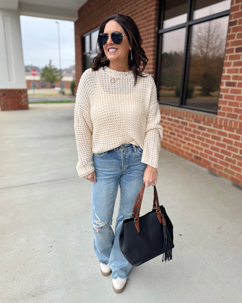 Jolene Crochet Knit Sweater in Oatmeal