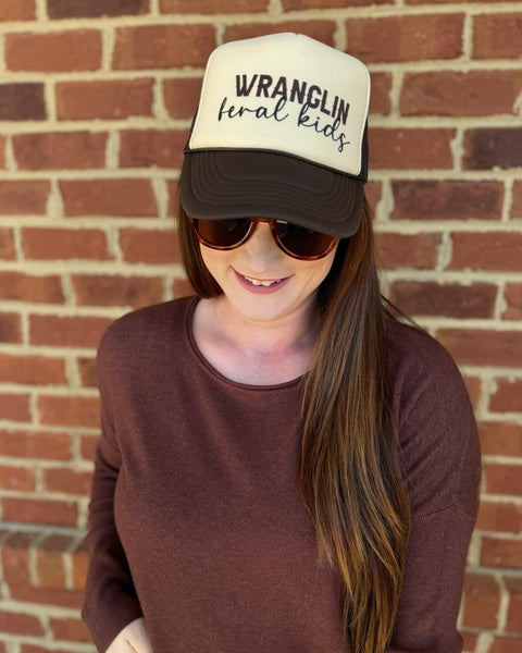 Wranglin' Feral Kids Trucker Hat in Brown/Tan/Black