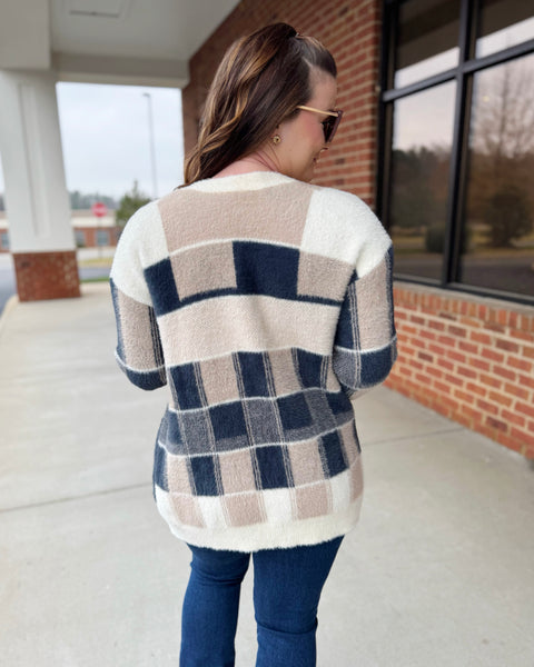 Marissa Checker Soft Cardigan in Navy/Taupe