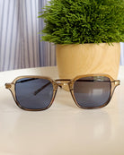 Sunglasses on a surface with a potted plant in the background