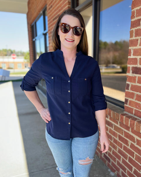 Harlow Button Up Blouse in Navy FINAL SALE