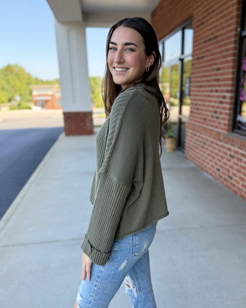 Trisha Collared Button Up Sweater Top in Olive FINAL SALE