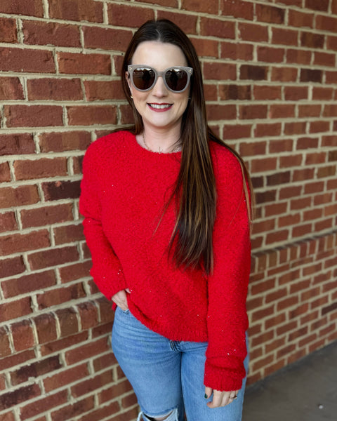 Brooke Sequin Popcorn Sweater in Red