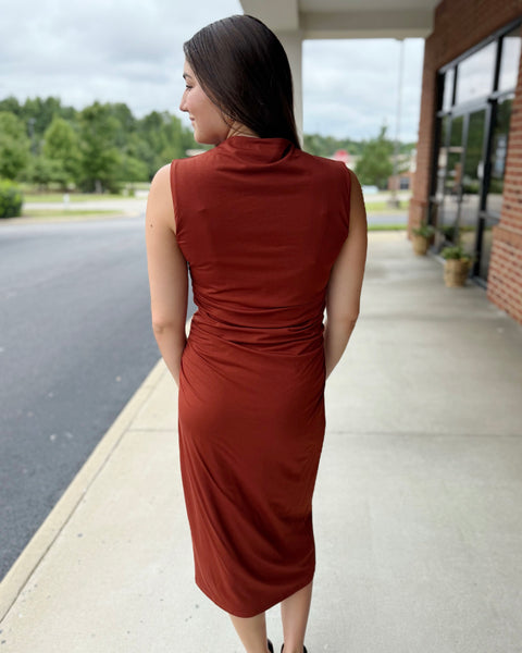 Tristan Draped Mock Neck Dress in Rust FINAL SALE