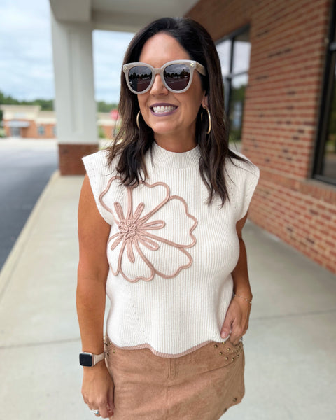 Saylor Floral Scallop Hem Sweater in Taupe FINAL SALE