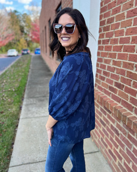 Valerie REG/CURVY Floral Burnout Blouse in Navy