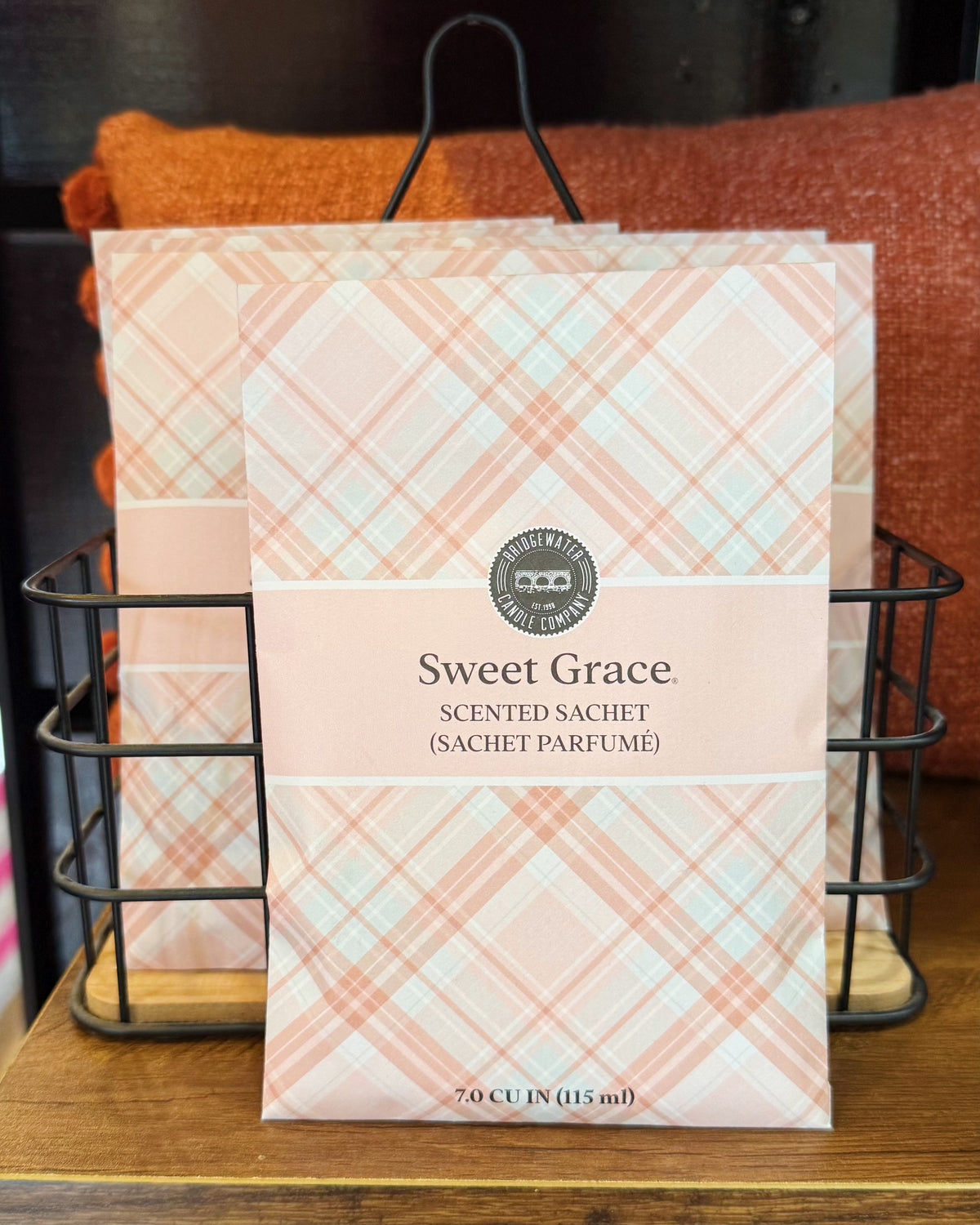 sweet grace scented satchel in plaid. 