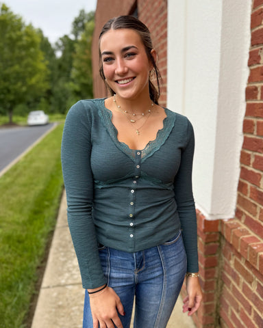 Kennedy Lace Trim Top in Forest Green