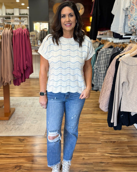 Ella Scallop Knit Sweater in Blue