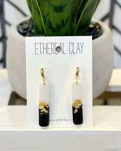 Black & White Gold Leaf Clay Dangle Earrings