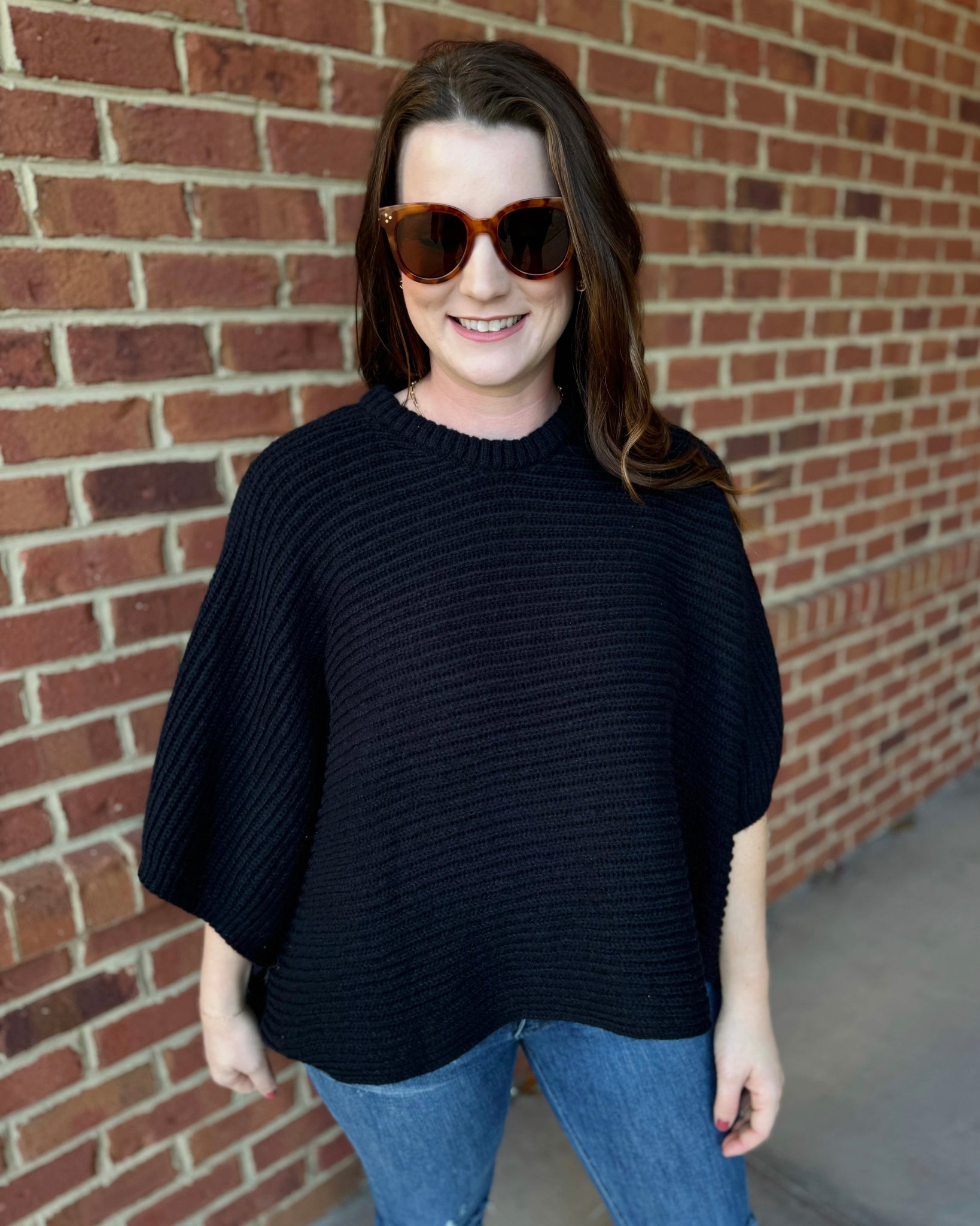 Lauren Ribbed Knit Arm Poncho in Black