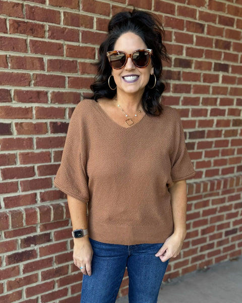 Mia V-Neck Dolman Sweater in Deep Camel