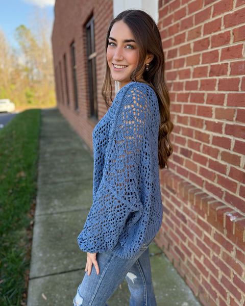 Addison Boat Neck Crochet Sweater in Denim