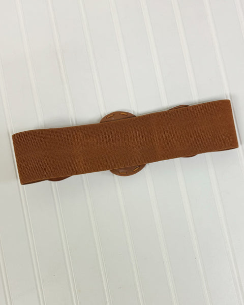 Distressed Wide Stitch Elastic Belt in Camel