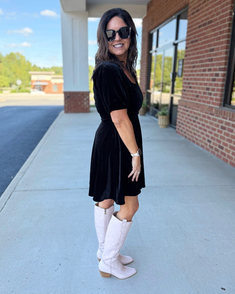 Kasen Satin Velvet Dress in Black