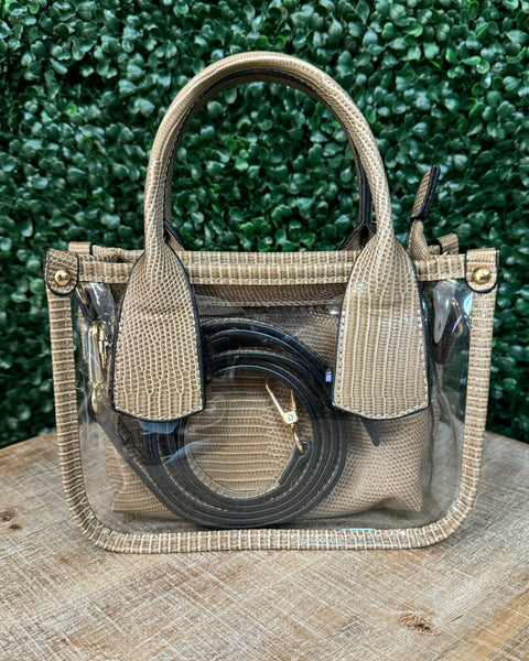 Stacey Clear Satchel Bag in Taupe