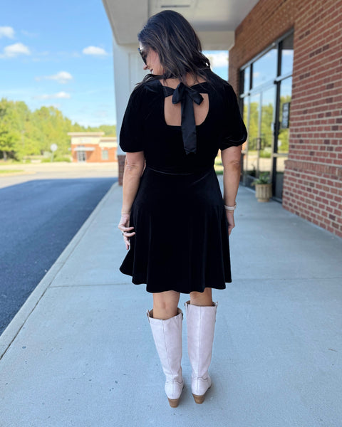 Kasen Satin Velvet Dress in Black