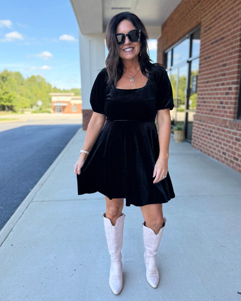 Kasen Satin Velvet Dress in Black