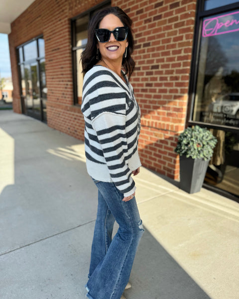 Laura Cross Stripe Sweater in Black/Ivory