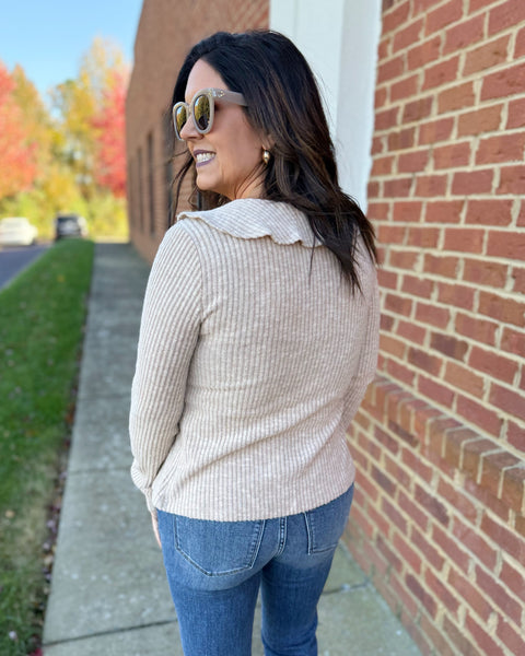 Sara Ruffle Cardigan in Taupe