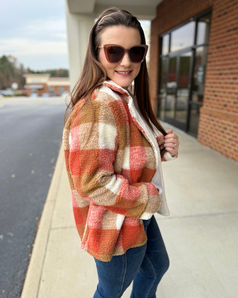 Fallon Faux Fur Plaid Jacket in Rust/Taupe