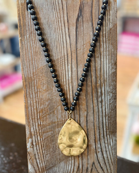 Black Long Wooden Bead Necklace with Gold Teardrop