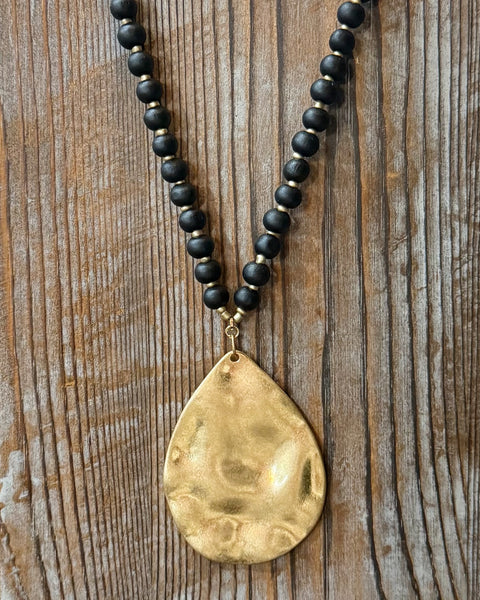 Black Long Wooden Bead Necklace with Gold Teardrop