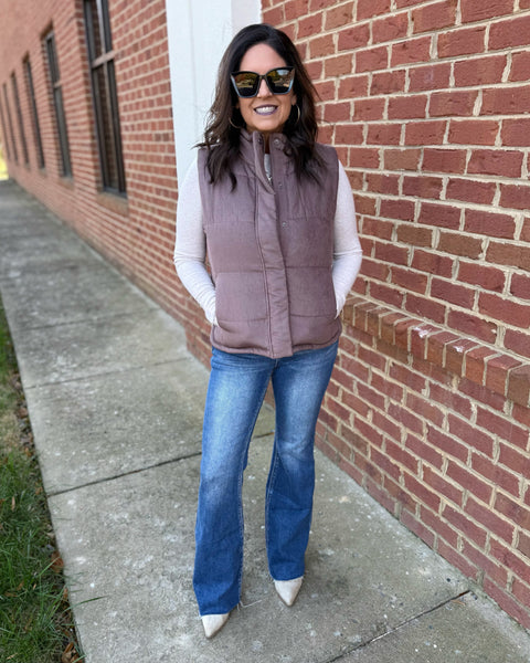 Drew Suede Puffer Vest in Cocoa