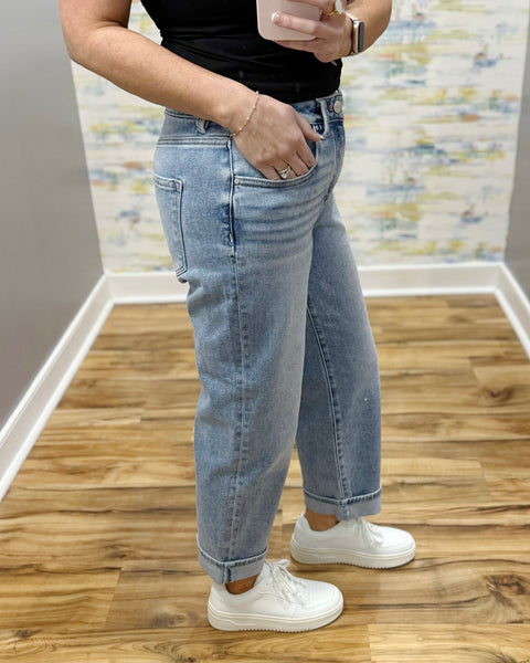 woman wearing Risen Boyfriend style Jeans in a light wash.