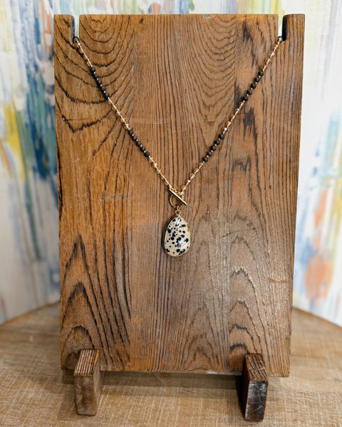 Beaded Necklace with Black Teardrop Pendant